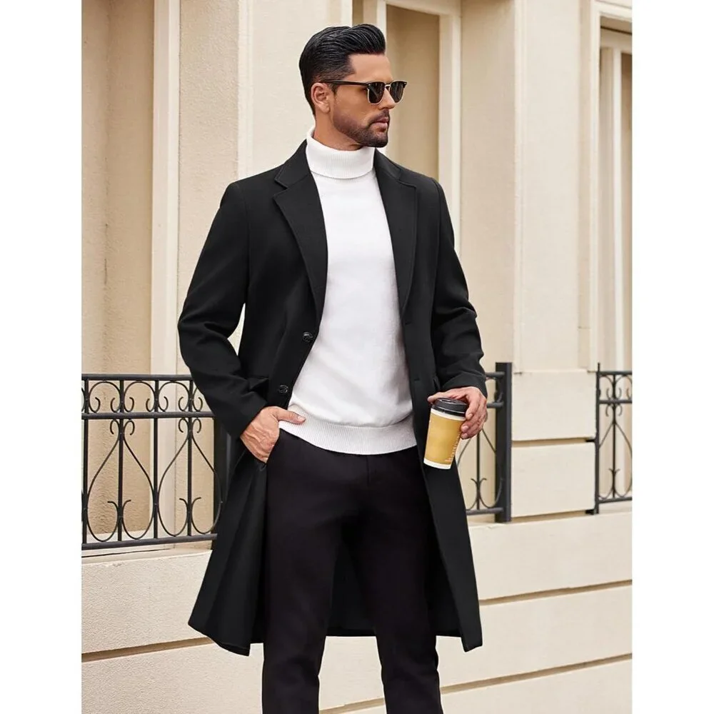 Men's Black Trench Coat Long Casual Notched Collar Wool Blend Pea coat